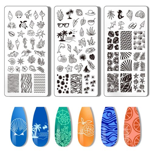 PH PandaHall 3pcs Seaside Nail Stamping Plate Beach Nail Stamper Shell Nail Art Stencils Printing Template Tip Nail Stencils Stainless Steel Nail Image Plates for Nail Art Design Manicure Salon