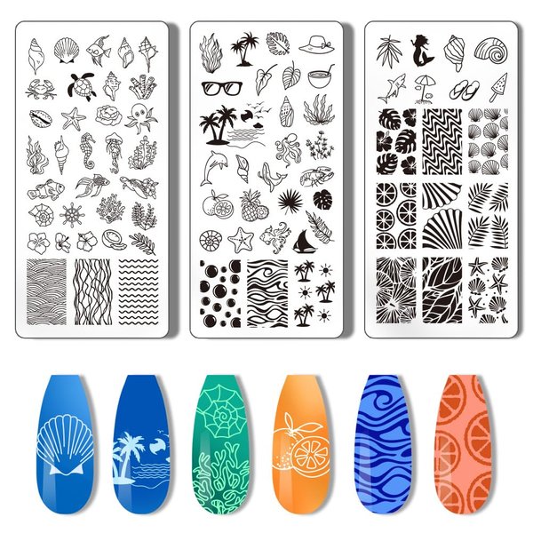 PH PandaHall 3pcs Seaside Nail Stamping Plate Beach Nail Stamper Shell Nail Art Stencils Printing Template Tip Nail Stencils Stainless Steel Nail Image Plates for Nail Art Design Manicure Salon