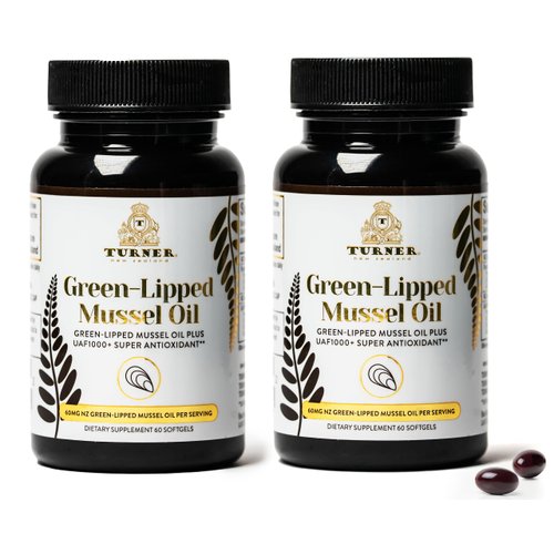 TURNER New Zealand Green Lipped Omega-3 Mussel Oil, 53x Higher Potency with UAF1000+ Super Antioxidant for Superior Joint Comfort & Mobility, No Fishy Aftertaste, 2 Bottles, 120 Softgels