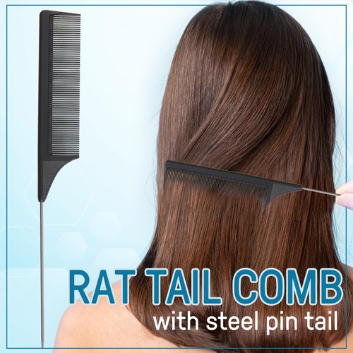 2 Pack Carbon Fiber Rat Tail Combs - Carbon Fiber, Stainless Steel Pintail, Heat Resistant, Hair Comb Set for Braiding, Parting, and Styling, 9 Inches Long - Black