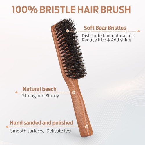 BRUSHZOO Boar Bristle Brush for Men's Fine to Normal Hair - Beech Handle Hairbrush for Hair & Beard Grooming