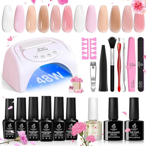 Beetles Gel Nail Polish Kit with U V LED Light 48W,6 Colors Jelly Milky White Sheer Pink Nude Gel Polish Starter Kit Manicure,Soak Off U V Gel Nail Polish Set Salon DIY Gifts for Gril