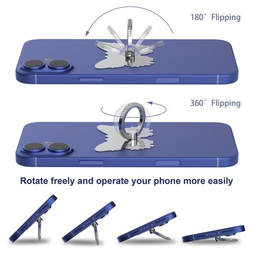 Finger Ring Stands Set Cellphone Ring Holder Transparent Phone Holder 360° Rotation Ring Stand Clear Cell Phone Kickstand Compatible with Most of Phones, Tablets, 2 Pack of Butterfly Silver