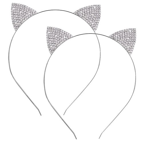 AKOAK 1 Pack Crystal Rhinestone Metal Cat Ear Headband - Amazing Crystal Party Decorations Halloween Cosplay Costume Cat Ear Headpiece (Silver)