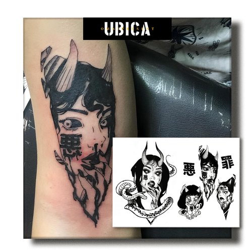 UBICA Temporary Tattoos Adult, 2 Sheets Fake Tattoos, Realistic And Long-Lasting Non-Reflective, Waterproof For 1-2 Weeks, Evil girl Tattoos 4.7x6.8in