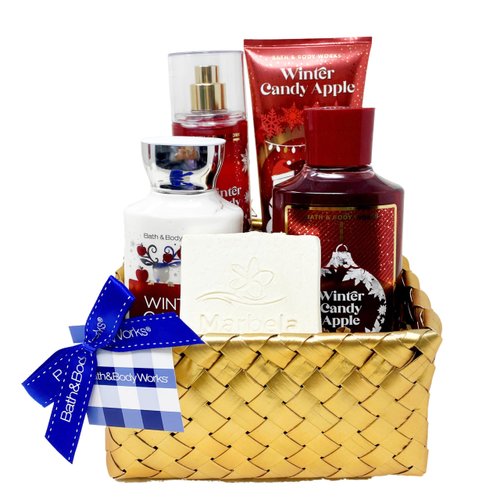 Bath & Body Works Winter Candy Apple - Gold Woven Basket 4 Piece Gift Set - Fine Fragrance Mist, Body Cream, Shower Gel and Body Lotion With a Natural Oats Sample Soap