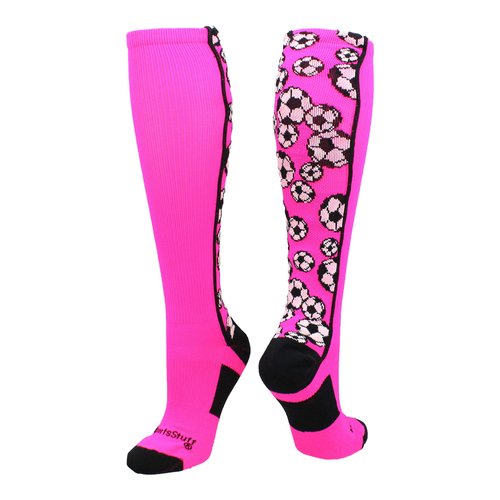 MadSportsStuff Crazy Soccer Socks with Soccer Balls over the calf (Neon Pink/Black, Medium)