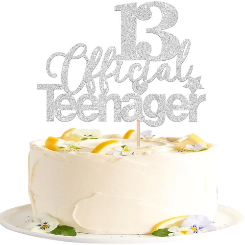 1 PCS 13 Official Teenager Cake Topper Glitter 13th Birthday Cake Pick Decorations for Teen 13th Birthday Party Supplies Silver