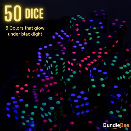 Neon Blackout Dice - 50 Dice Set - 5 Colors - Included Drawstring Storage Bag - 16mm Six-Sided Square Dice for Replacement Gaming Supplies for Board Games, Family Game Night, Kids STEM Math Teaching