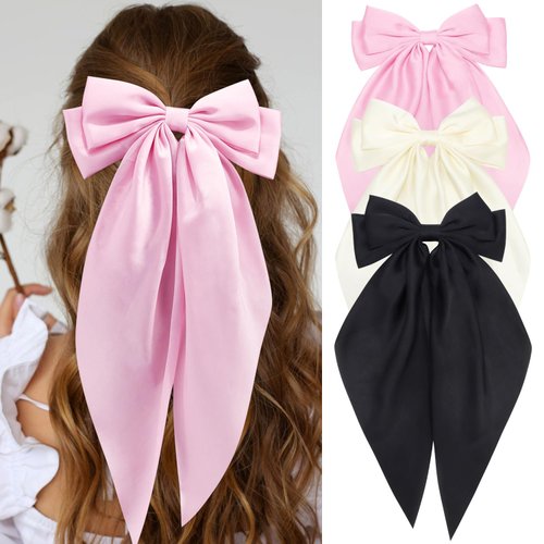 Chanaco Hair Bows (3 Count) - Hair Ribbon, Black, White, Pink Oversized & Long Tail Fabric Hair Accessories for Women & Girls - Comfortable & Non Slip Bows for Parties, Office, School, Travel