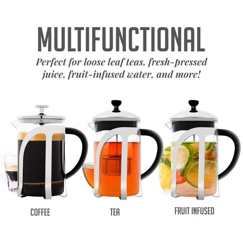 Ovente 2-in-1 Glass Coffee Press And Tea Maker With High Grade Stainless Steel Retractable Infuser 27 Ounce With Free Measuring Scoop, Heat Tempered Borosilicate Glass With Silicone Handle, FGC27T