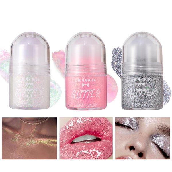 Roll-on Holographic Body Glitter Gel,Dazzling Eyeshadow Highlighter for Face and Body Shimmer Makeup,Holographic Glitter Makeup,Holiday Rave Party Accessory,Multi-Purpose Makeup Glitter Gel(02+05+07)