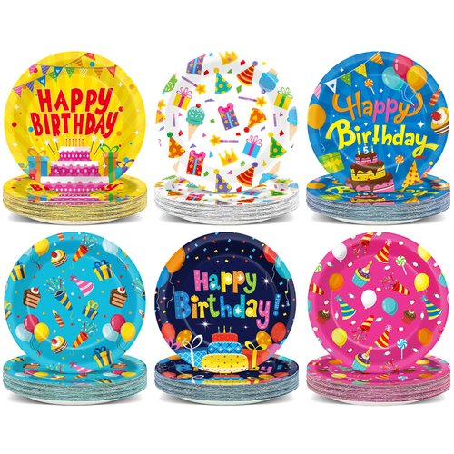 60Pcs Happy Birthday Plates Party Supplies 7” Colorful Birthday Plates Colorful Happy Birthday Tableware Party Decorations for Kids Boys Girls Birthday Cake Dinnerware Party Favors for 60 Guest