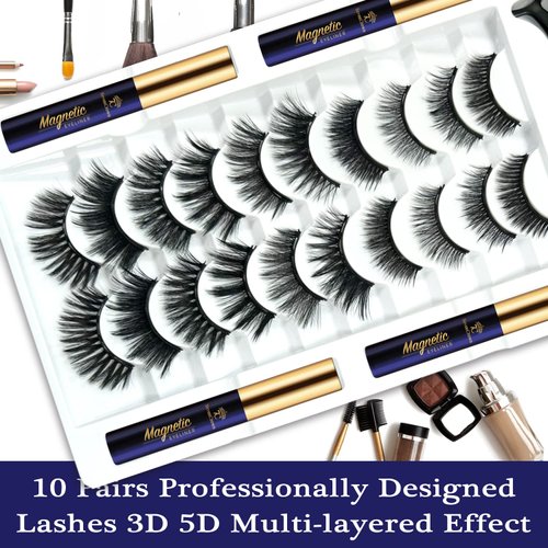 3D Magnetic Eyelashes with Eyeliner Kit - 7C SevenCrown Magnetic Lashes Natural Looking with Upgraded 4 Tubes of Magnetic Liner Waterproof, Long Lasting,Mix 10 Pairs Reusable Easy False Eyelashes
