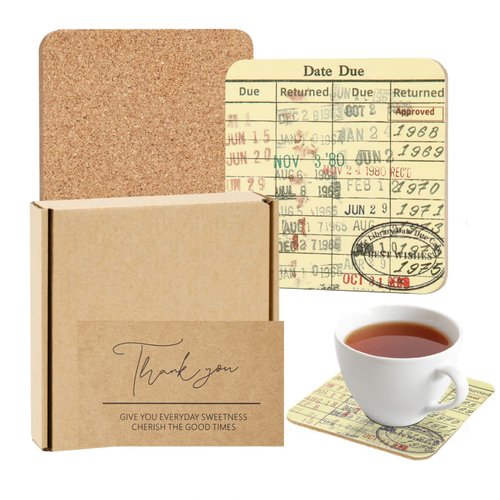 Vintage Library Due Date Card Coaster Set, 4pcs Library Card Coasters with Gift Card, Creative Drink Coffee Mug Coaster Literary Decor Library Gifts for Book Lovers Librarians Writers