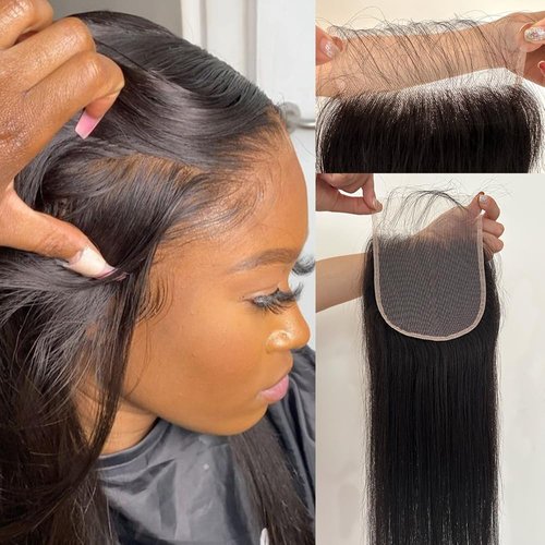 Topnormantic Transparent Lace Closure 5x5, Invisible Thin Swiss Lace Closure with Free Part 12A Brazilian Straight Remy Human Hair Extensions Closure Pre Plucked with Baby Hair Natural Black 16 Inch