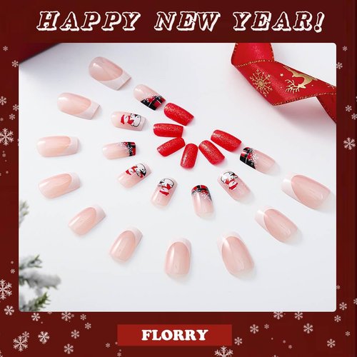Florry Christmas Press On Nails Short Red Christmas Nails Square Cute Xmas Fake Nails Red Acrylic Press on Nails for Women and Girls 24Pcs (Style G)
