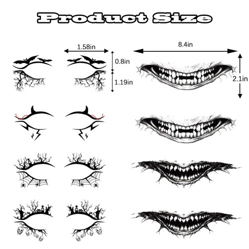 4 Pairs Halloween Eye Shadow Stickers and 4 Pack Skeleton Mouth Temporary Tattoo, 3D Eyeshadow Eyeliner Sticker Waterproof Face Eye Art Decor Sticker for Women Girls Halloween Masquerade Party
