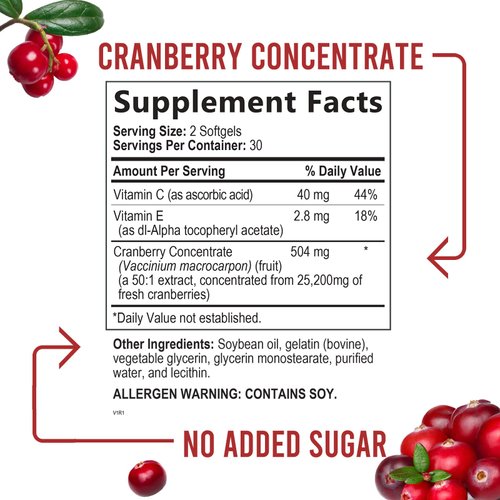 Cranberry Pills Supplement for Women & Men + Vitamin C & E - 25,200mg Formula for Urinary Tract Health Support, Non-GMO and Gluten Free, Nature's Cranberry Supplements - 60 Softgels