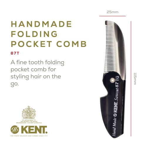 Kent 87T Graphite Handmade Folding Pocket Comb for Men, Fine Tooth Hair Comb Straightener for Everyday Grooming Styling Hair, Beard or Mustache, Saw Cut Hand Polished, Made in England (3 Pack)