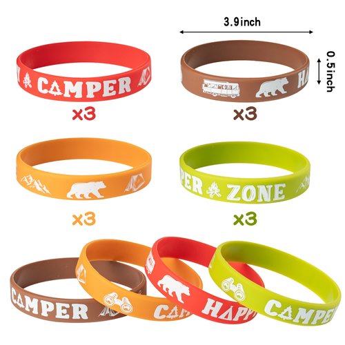 ANGOLIO 84Pcs Spring Camping Party Favors Kit Happy Camper Party Gifts Silicone Bracelets Stickers Keychains Badges for Kids Friends Summer School Camping Adventure Birthday Party