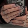 MISUD Press on Nails Medium Almond Fake Nails Glossy Glue on Nails Chrome Swirl Acrylic Nails Stiletto Silver Aurora Artificial Nails 3D Pearl Flash False Nails with Design 24 pcs