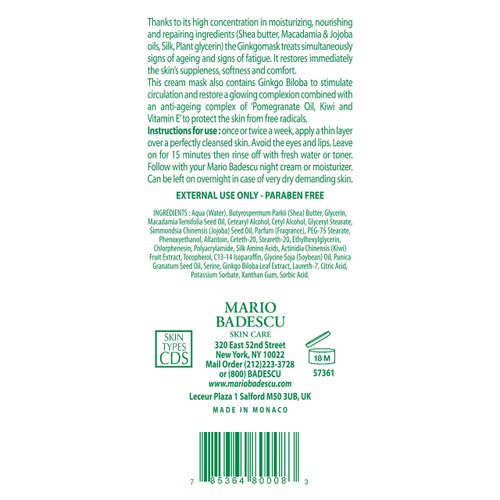 Mario Badescu Ginkgo Mask, Hydrating Skin Care Face Mask for Men and Women with Shea Butter and Vitamin E, Nourishing Facial Mask for Softer, Smoother, Radiant Complexion, 2.5 Oz