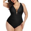 Yonique Women Plus Size One Piece Swimsuit Tummy Control Bathing Suits Lace up Plunge Swimwear Black 18W