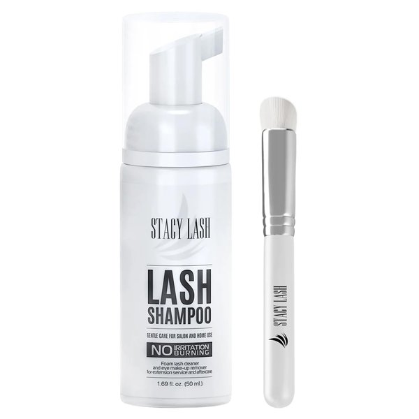 STACY LASH Eyelash Extension Shampoo + Brush /1.69 fl.oz/ 50ml / Eyelid & Eyebrow Foaming Cleanser/Wash for Extensions & Natural Lashes/Safe Makeup Remover/Supplies for Professional & Home Use