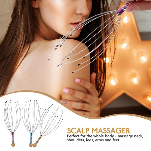 rosenice Scalp Massager Hand Held Therapeutic Head Scratcher Steel Wire Head Massager with Wooden Handle for Home Spa Relief and Relaxation (3 Packs)
