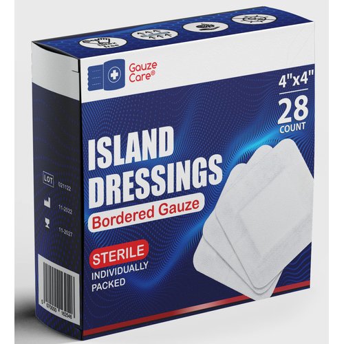 GauzeCare Island Dressing 4x4 inch 28 Pcs| Individually Packed Sterile Pouches| 2x2 Non-Stick Pad in Center with Acrylic Adhesive Borders| Water-Resistant Adhesive Pads for Wound Care and Dressing