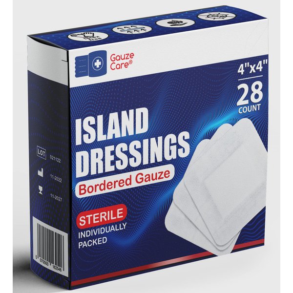 GauzeCare Island Dressing 4x4 inch 28 Pcs| Individually Packed Sterile Pouches| 2x2 Non-Stick Pad in Center with Acrylic Adhesive Borders| Water-Resistant Adhesive Pads for Wound Care and Dressing