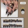 Halloween Press on Nails Long Almond Fake Nails Goth Skull Black Rose False Nails with Design Rhinestone Acrylic Glue on Nails Glossy Full Cover Stiletto Artificial Stick on Nails for Women Manicure