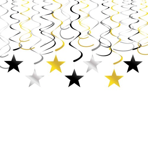 Gold Silver Black Star Hanging Swirl Decorations Stars Streamers Foil Swirls for Ceiling Decorations Graduation Party Supplies Black and Gold Party Decorations, Pack of 30