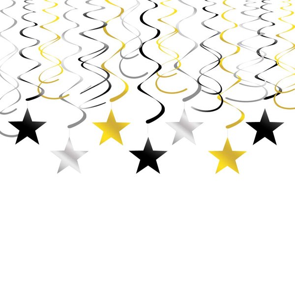 Gold Silver Black Star Hanging Swirl Decorations Stars Streamers Foil Swirls for Ceiling Decorations Graduation Party Supplies Black and Gold Party Decorations, Pack of 30