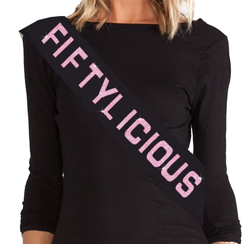 Vuzvuv Fiftylicious Birthday Sash, Funny Birthday Sash for Women, Girls,Men, Birthday Sash with Glitter Letters for Birthday Party Supplies-Pink