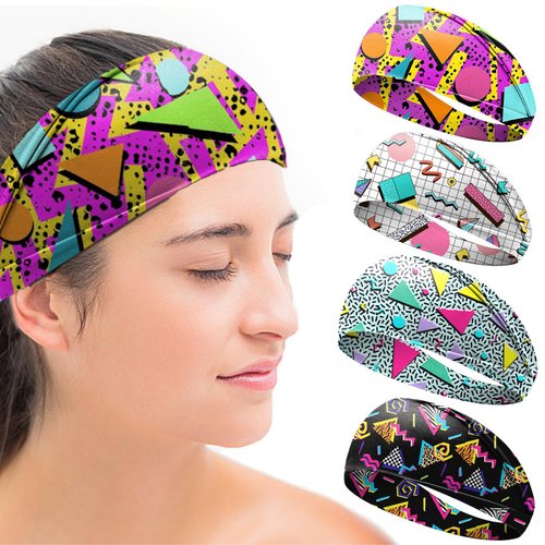 Neon Headbands 90s 80s Outfit for Women - 4Pcs Elastic Headwrap Sports Headbands Retro Vintage Hairband Mens Fashion Sweatbands 80s Hair Accessories for Women Girls Yoga, Working Out, Gym, Running