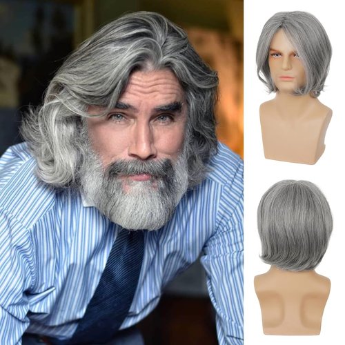 RicHyun Mens Grey Wig Short Grey Wig Side Part Synthetic Hair Replacement Wig for Daily Party Costume Halloween