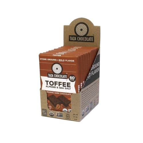 Taza Chocolate Organic Amaze Bar 60% Stone Ground, Toffee Almond Sea Salt, 2.5 Ounce (10 Count), Vegan