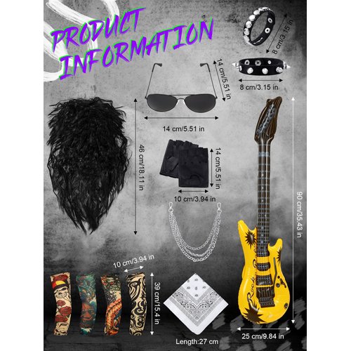 Mepase 12 Pcs 80s Rocker Costume for Men Including Hippie Wig, Sunglasses, Pants Chain, Bracelet, Headband, Tattoo Sleeve, Biker Glove and Guitar Props Punk Party Accessories