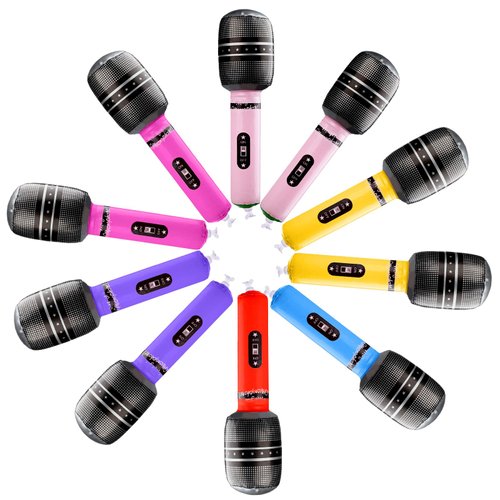 BLMHTWO 10 PCS Inflatable Microphones Blow up Microphone Toy Assorted Colors, Rock Star Inflatable Microphone Props for 80s 90s Musical Concert Themed Party Favors Decorations(Random Colour)