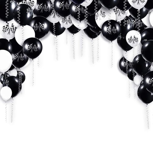 Chengu 50 Pieces Race Car Balloons Checkered Flag Latex Balloons with 8 Rolls Plastic Ribbons for Racing Theme Party Decorations