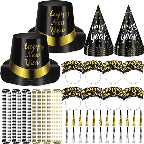 72 Pcs New Years Eve Party Supplies for 24 Guests Includes 8 Top Hats 8 headbands Tiaras 8 Conical Hats 24 Bead Necklaces 24 Squawkers Happy New Year's Eve Decorations Party Kit for Kids Adults