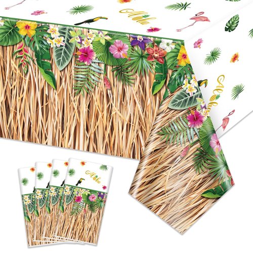 PIXHOTUL 4 Pack Hawaiian Luau Grass Tablecloths, Hawaii Luau Table Skirt Party Decorations, Tropical Palm Tablecover for Summer Beach BBQ Tropical Ahola Party Baby Shower, 86 x 51in (4)