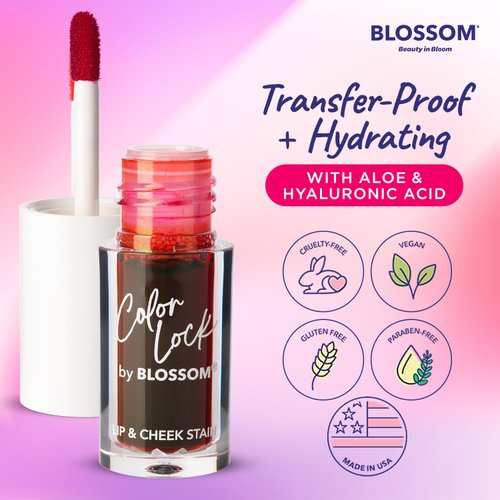 Blossom Color Lock Hydrating Longlasting Lip Stain and Tint for Lips & Cheek, Buildable, Non Drying, Smudgeproof + Transfer Proof, Made in USA with Doe Foot Applicator, 0.14 fl oz/4ml, Poppin' Pink