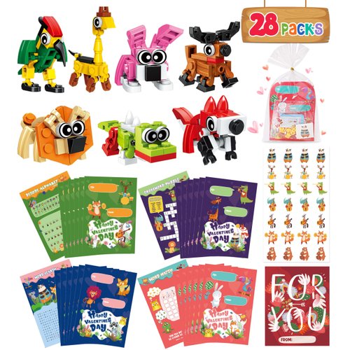 Valentines Day Gifts for Kids Classroom-28 Packs Animal Building Blocks with Kids Valentines Day Cards for School & Stickers, Class Valentines Gifts Boxes for Kids Boys Girls Party Favors Exchange