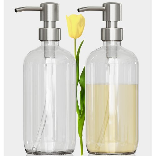 AmazerBath Soap Dispenser, 2 Pack Glass Soap Dispenser with Pump Stainless Steel, Soap Dispenser Bathroom, 17OZ Hand Soap Dispenser, Dish Soap Dispenser Kitchen, Clear Soap Dispenser