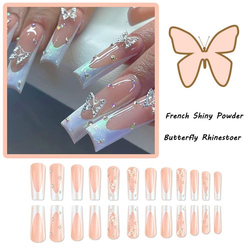 24 Pcs Long Press on Nails White French Tips Fake Nails Butterfly Rhinestone Full Cover Nails Tips Coffin False Nails with Charms Nail Decorations Glitter Acrylic Nails Glue on Nails for Women Girls