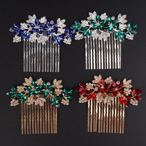Missgrace Women Bridal Wedding Gold Red Rhinestones Flower Leaf Side Hair Comb Special Occasion Headpiece Hair Accessories for Women (Gold Red)