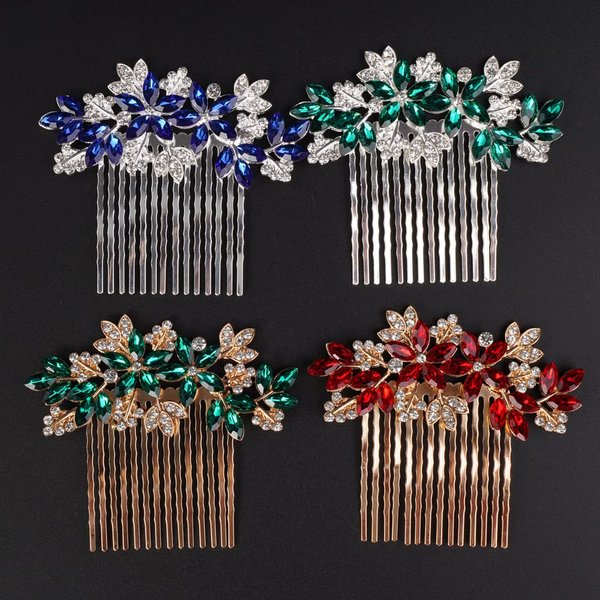 Missgrace Women Bridal Wedding Gold Red Rhinestones Flower Leaf Side Hair Comb Special Occasion Headpiece Hair Accessories for Women (Gold Red)